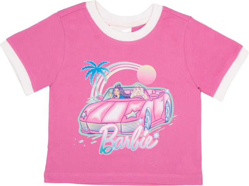 Barbie Girl's Crewneck T-Shirt and Denim Short Overalls 2-Piece Set Pink Convertible Tee and Jean Shortalls for Kids - Image 3